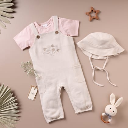 Poshaak Baby Dungree Set-Beige & Peach Dust / 6-9 months without Hat