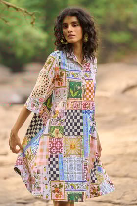 CROCHET PATCHWORK SHIRT DRESS-XS / Multi