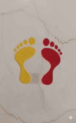 Madhura’s Creations Lakshmi Footsteps Rangoli Patch (6 cm) | Red & Yellow Colour | Auspicious Traditional Design | Real Rangoli Colours | Reusable | Pair Set