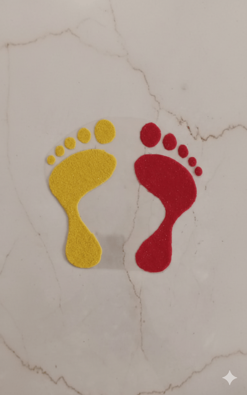 Madhura’s Creations Lakshmi Footsteps Rangoli Patch (6 cm) | Red & Yellow Colour | Auspicious Traditional Design | Real Rangoli Colours | Reusable | Pair Set