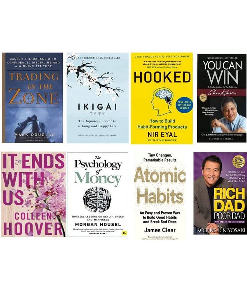 ( Combo of 8 books ) Treading zone + ikigai + Hooked + You can win + it ends + Psychology of money + Atomic habit + Rich dad poor dad