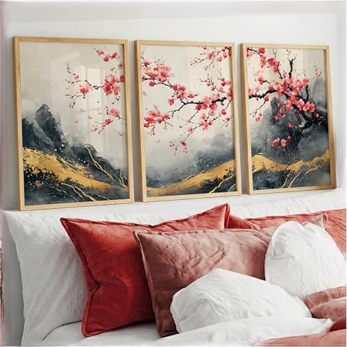 Set of 3 for Living Room | Cherry Blossom Nature Wall Art | Framed Floral Wall Decor