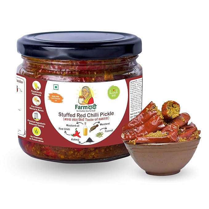 FarmDadi Stuffed Red Chilli Pickle 350g | Lal Mirch Ka Bharua Achar | Homemade Banarsi Bharwa Lal Mirch Ka Achar with Spicy Flavor | Banarasi Style Pickle | Made With Cold Pressed Mustard Oil | No Chemical Preservatives & No Garlic || Pack of 3