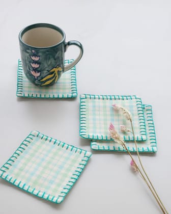 Hand Woven Fabric Coasters in Blue, Turquoise, Green - 4x4-Blue, Green, Turquoise / 100% Cotton / 4 Inches x 4 Inches