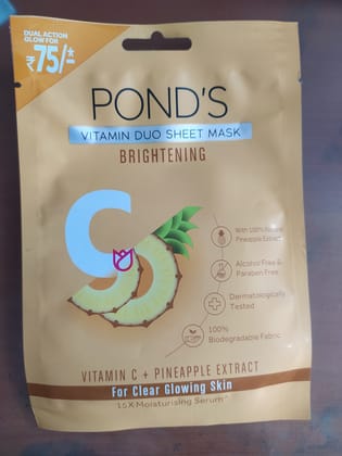 Pond's Vitamin duo sheet mask Brightening With 100% natural Pineapple extract Alcohol free & Paraben free Vitamin c + pineapple extract For clear glowing skin 