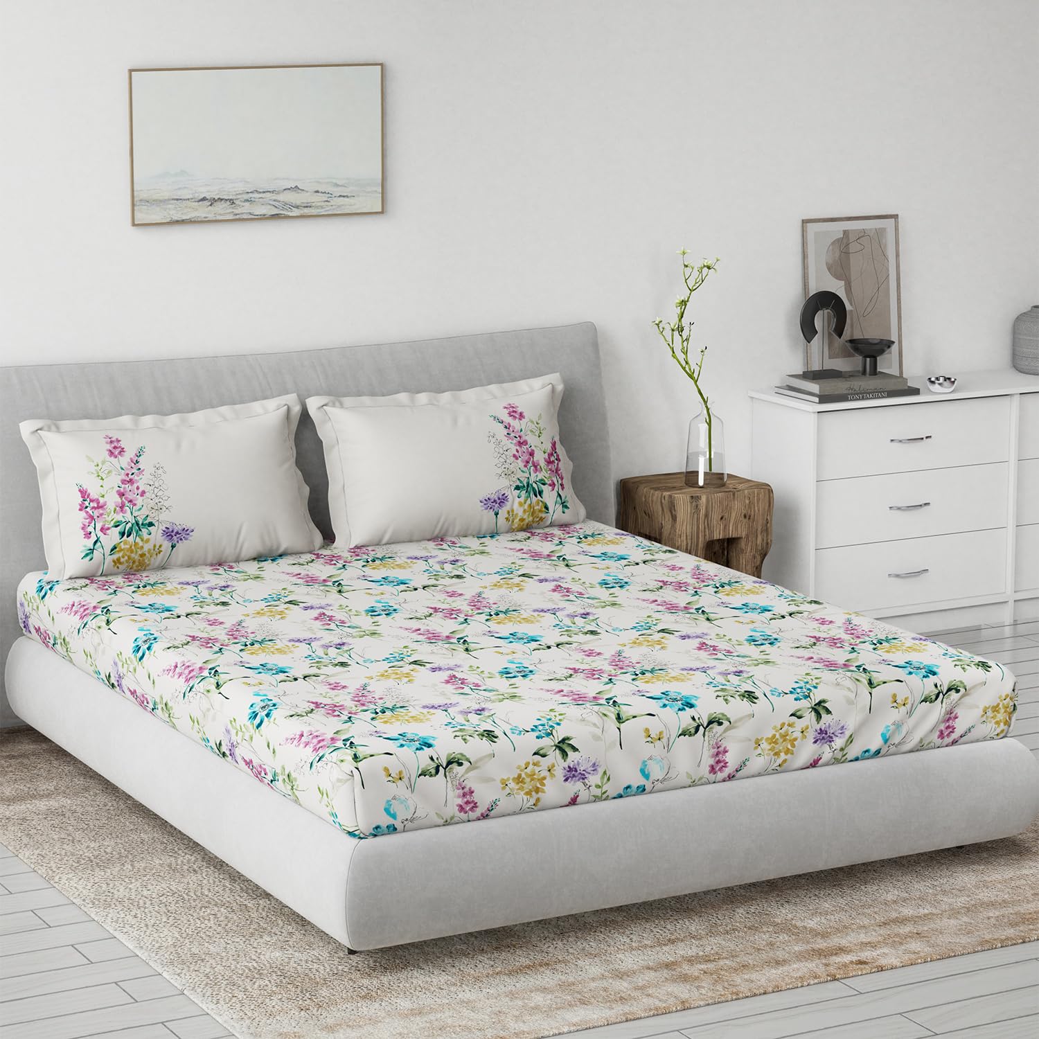 DDECOR - Primary Collection 100% Cotton Floral Pattern 145TC King Bedsheet |229 CM X 274 CM| Purple