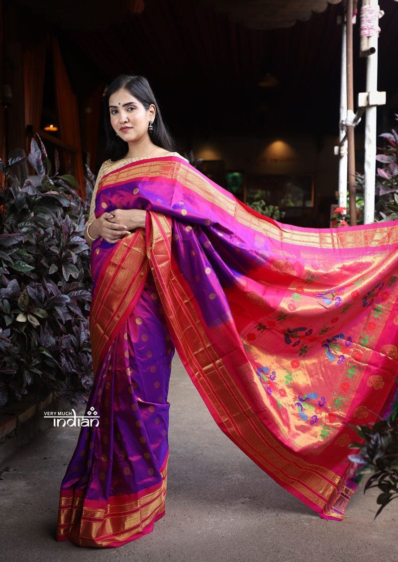 Utsaav ~ Authentic Handloom Pure Silk Maharani Paithani - Dual Tone Purple Pink with Bright Pink Border