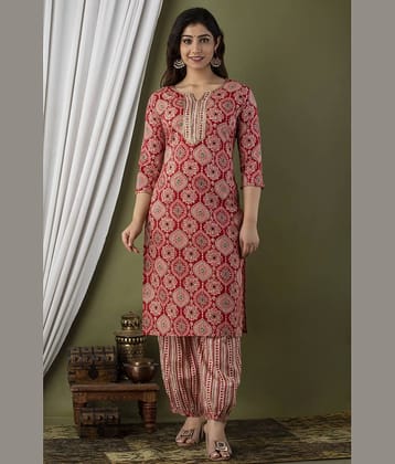 Glorious Rayon Printed Kurti With Pants Women's Stitched Salwar Suit - Red ( Pack of 1 )
