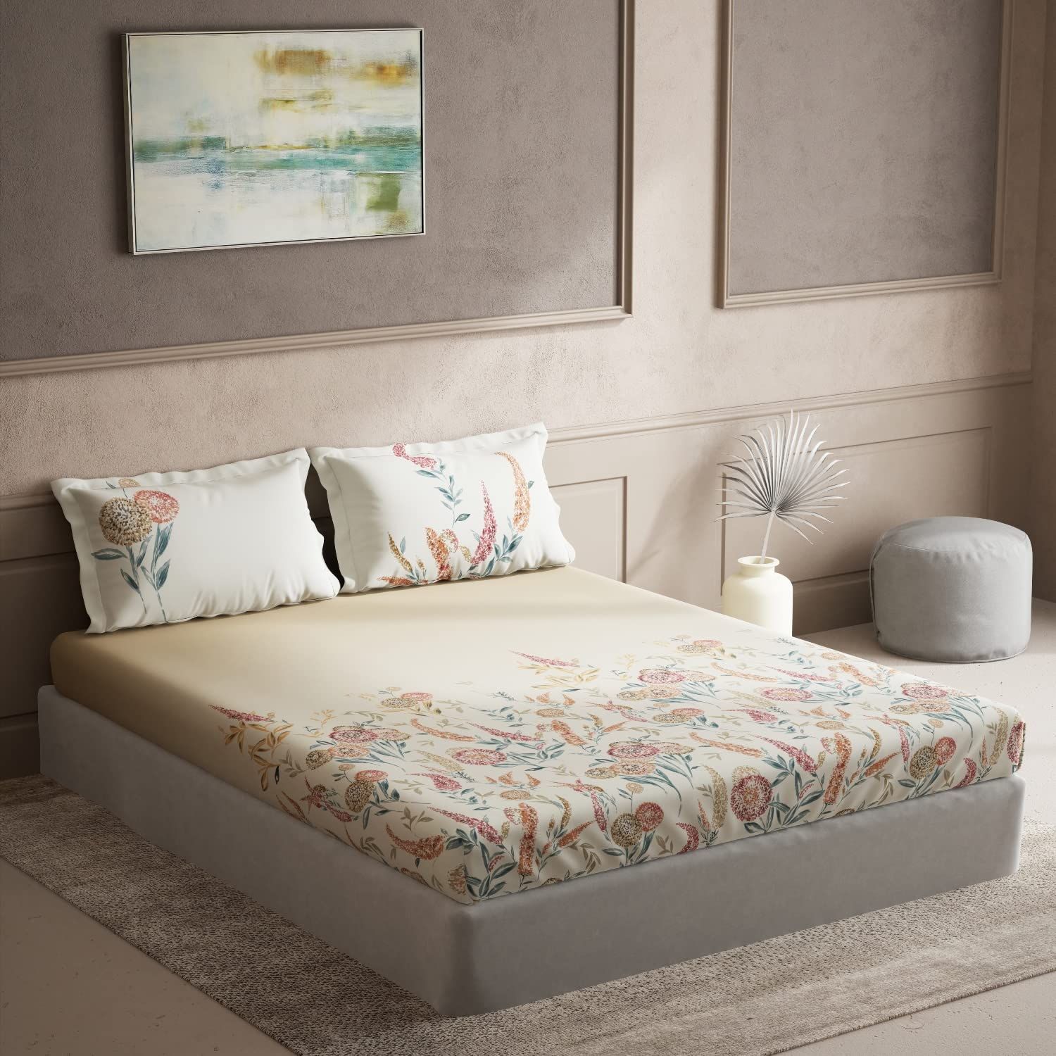 DDECOR - Elemental Collection 100% Cotton Floral Pattern 144TC King Bedsheet |254 CM X 274 CM| with 2 Pillow Covers - Red