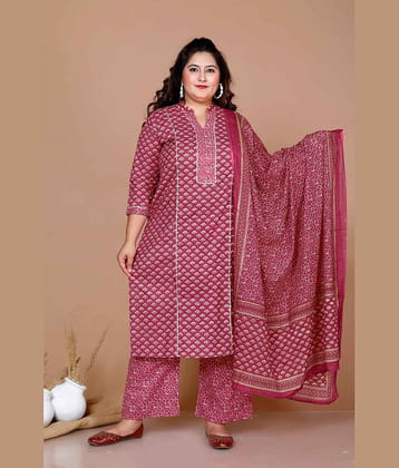 miravan Women Cotton Printed Straight Kurti With Palazzo ( Pink )