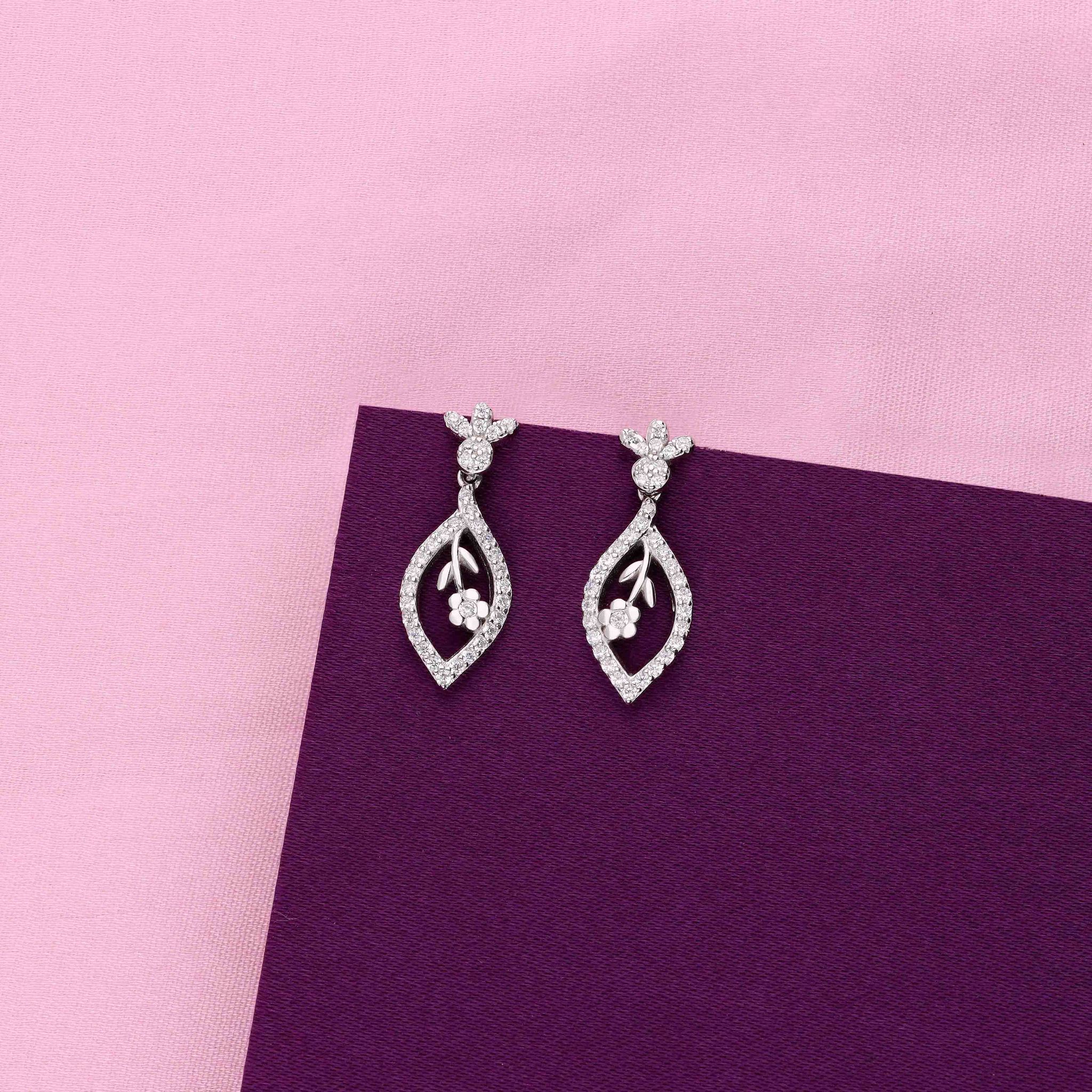 Teardrop Rose Drop Earrings-White Stone / Silver