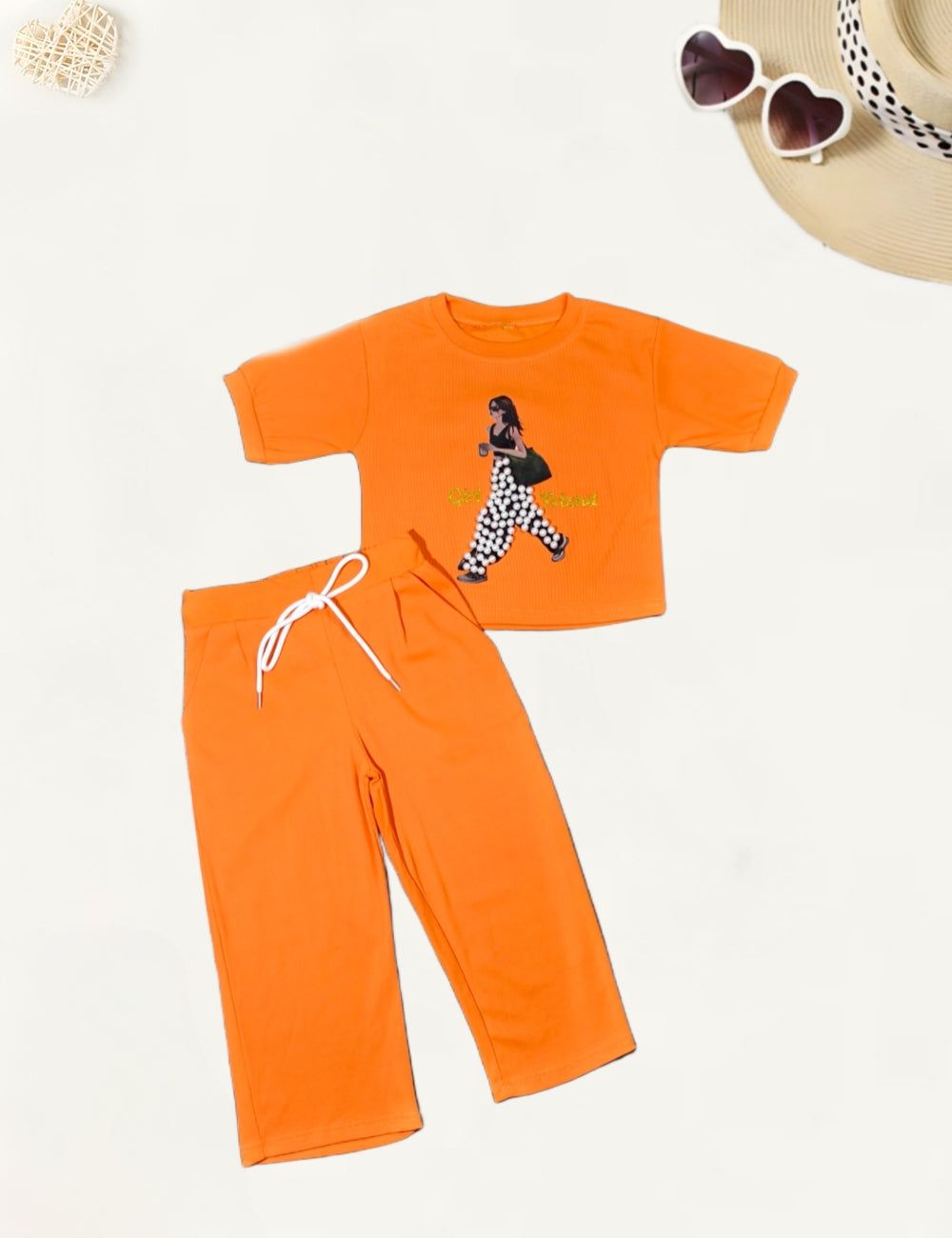 Girl's Orange Pearl Causal Co-Ord  Set [GCS-9657](1-12 Years)-4-5Y (Size - 24) / Ribbed / Orange