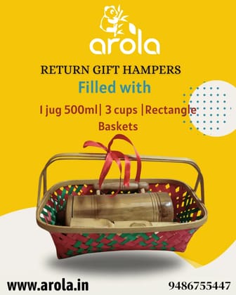 Bamboo Gift hamper set (1 Jug 500ml, 3 Cups, Rectangle Baskets)