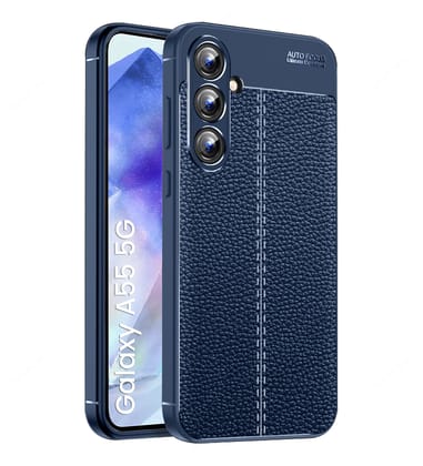Vegan Leather Rugged Flexible TPU Series Shockproof Armor Back Cover for Samsung Galaxy A55 5G, 6.6 inch, Blue