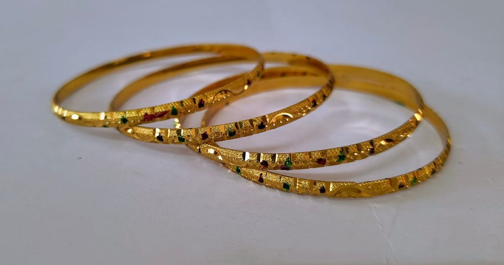 Gold plated Bangles with Green and Red Stones - Set of 4
