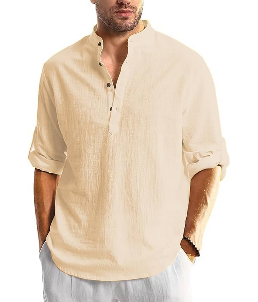 TrendiVastra Beige Cotton Blend Men's Shirt Style Kurta ( Pack of 1 )
