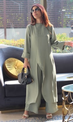 Sage Green High Neck Front Slit Textured Co-ord-XXS