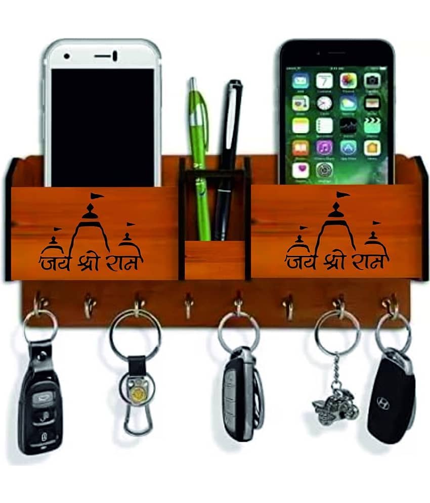 Big Boss Enterprises Jai Shree Ram with Temple Design 2 Pocket Mobile Holder, Pen Stand Wood Key Holder Stand (8 Hooks, Brown)