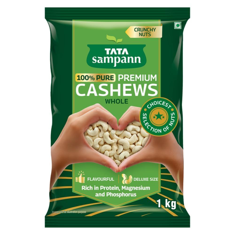 Tata Sampann Pure Cashews Whole, Kaju, 1 Kg, Nutritious & Delicious, Premium Kaju Nuts, Rich In Protein, Magnesium & Phosphorus, Deluxe Size & Crunchy Nuts