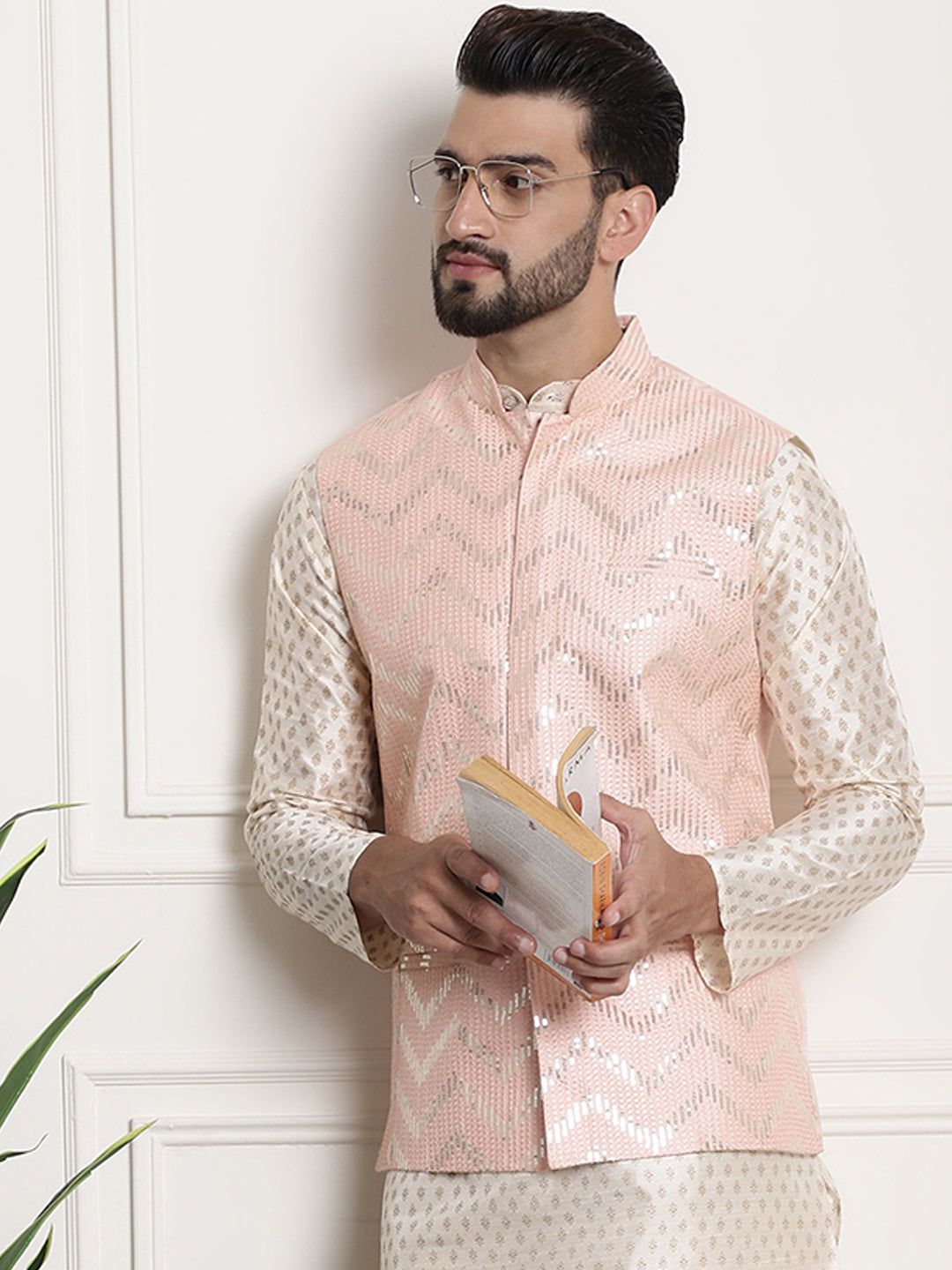 Men's Silk Blend, Gold Sequence Embroidered Peach-36