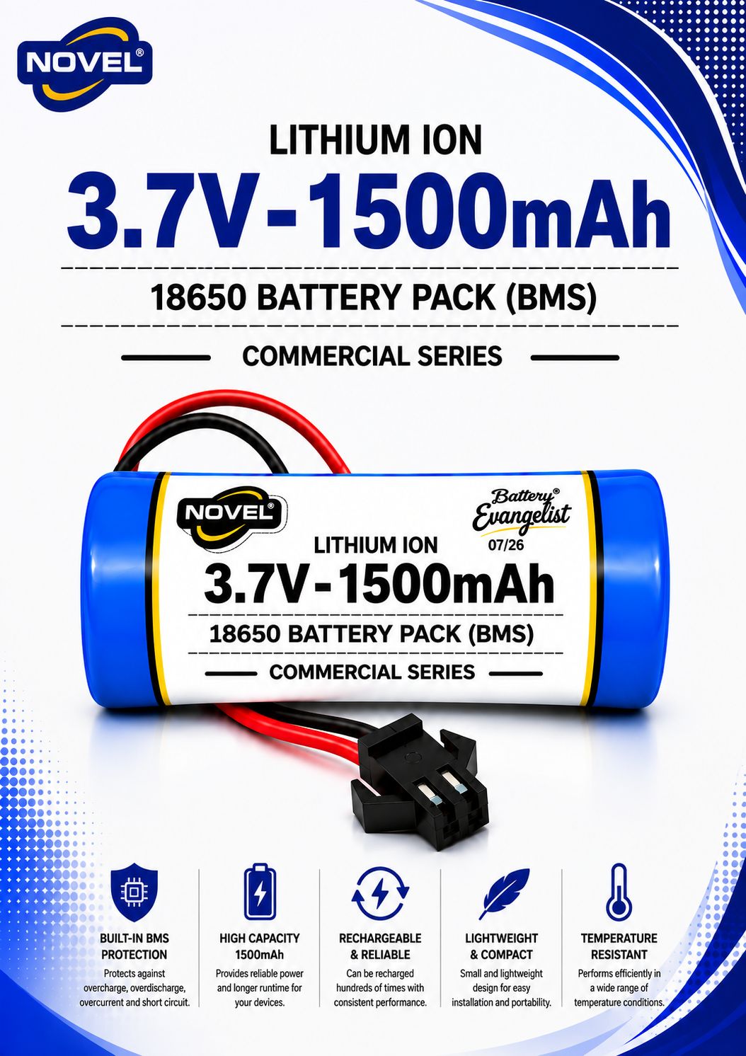 NOVEL 3.7V 18650 LITHIUM ION SM PIN BATTERY WITH CHARGING CABLE- 1500mAh