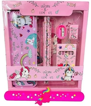 Eclet Unicorn Stationery Gift for Kids Unicorn Pencil Pouch Pencil Case for Girls Metal Geometry Box with Notepad, Pencil, Eraser & Sharpener School Stationary Kit Gift Set for Students