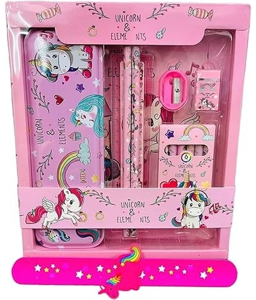 Eclet Unicorn Stationery Gift for Kids Unicorn Pencil Pouch Pencil Case for Girls Metal Geometry Box with Notepad, Pencil, Eraser & Sharpener School Stationary Kit Gift Set for Students