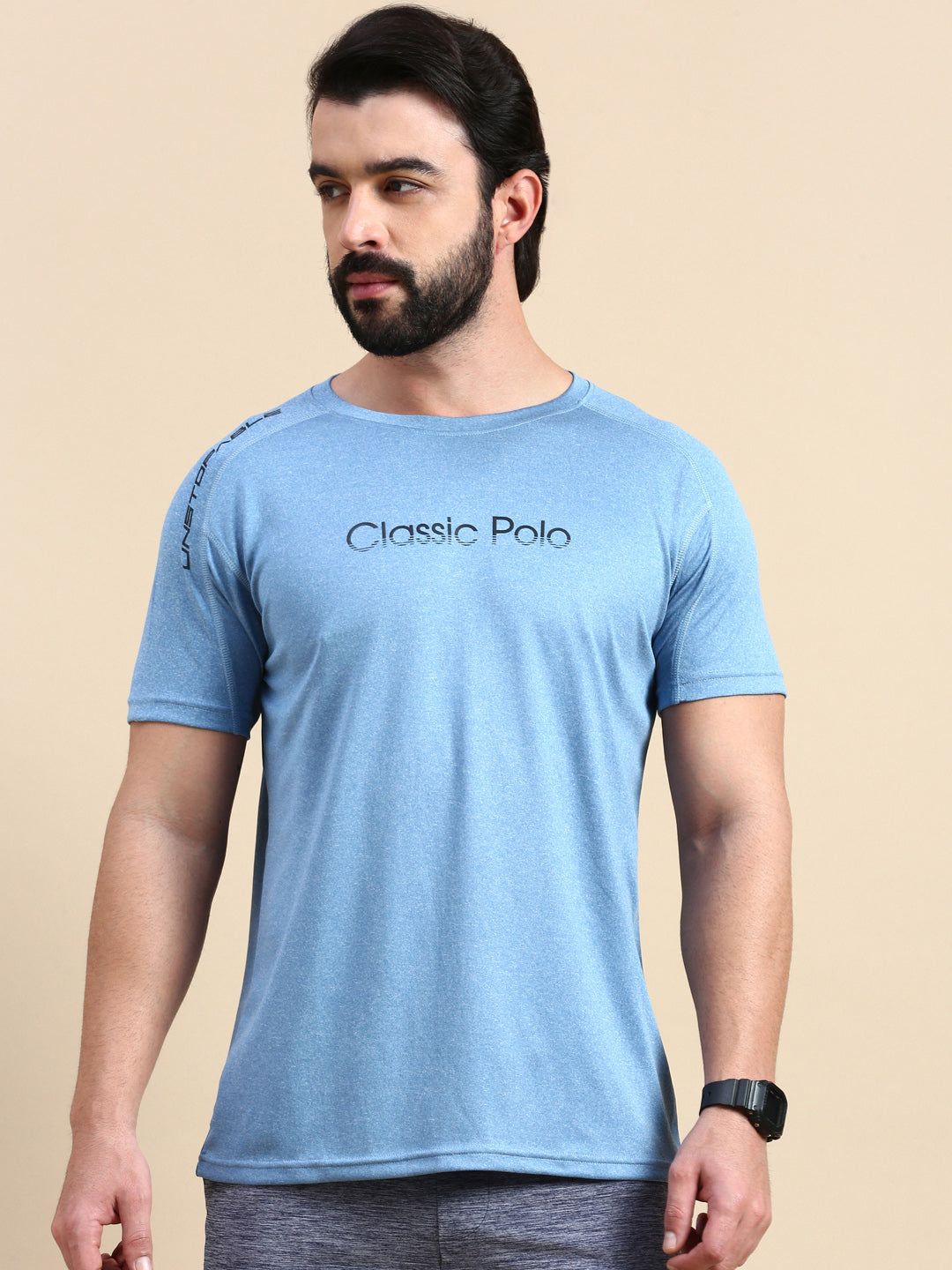 Classic Polo Men's Round Neck Polyester Blue Slim Fit Active Wear T-Shirt | GENX-CREW 15B SF C