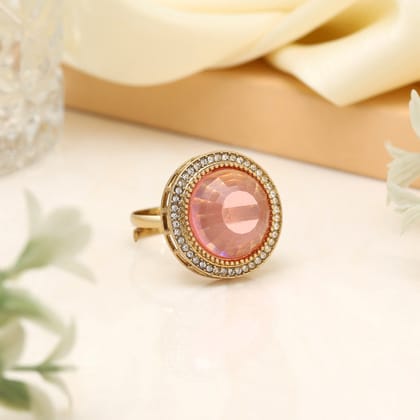 Delicate Baby Pink Color Kundan Ring For Women-Ring_Size_Adjustable | Diameter Length: 2.50 CM x Width: 2.50 CM / Pink / Alloy With Good Quality Mehndi Gold Plated