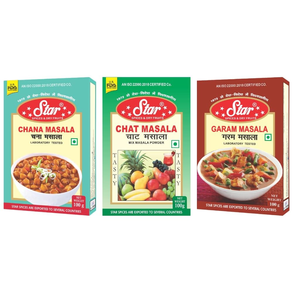 Star Spices Chana Masala, Chat Masala and Garam Masala, 100 gm - Pack of 3