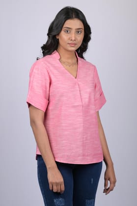 Pink  Colour V-Neck Top With Collar (OTL-TPS1045)-Pink / S