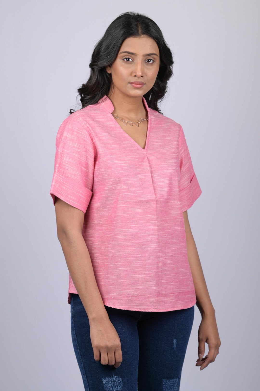 Pink  Colour V-Neck Top With Collar (OTL-TPS1045)-Pink / S