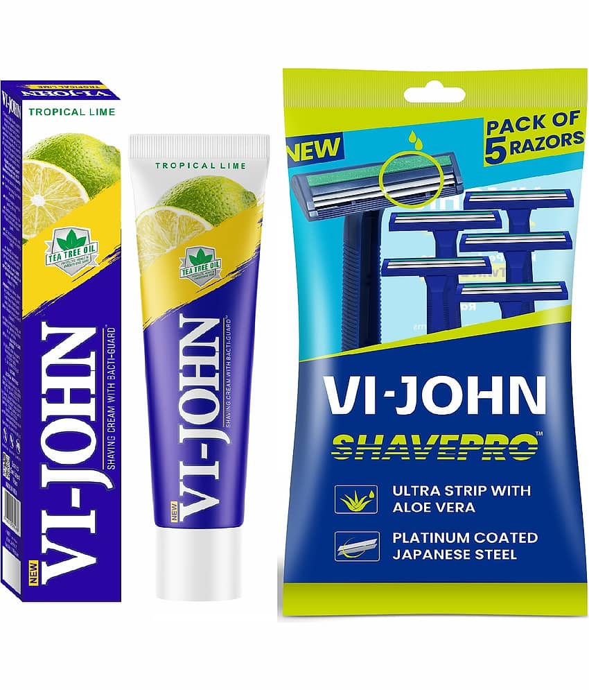 VI-JOHN Tropical Lime Shaving Cream 125g & Shave Pro Twin Blade Disposable Razor 5 PCS -Pack of 2