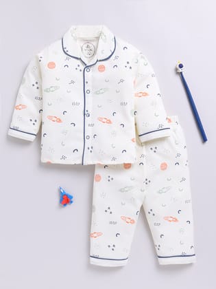 Cream Space Theme Full sleeve Night Suit-6-9 m