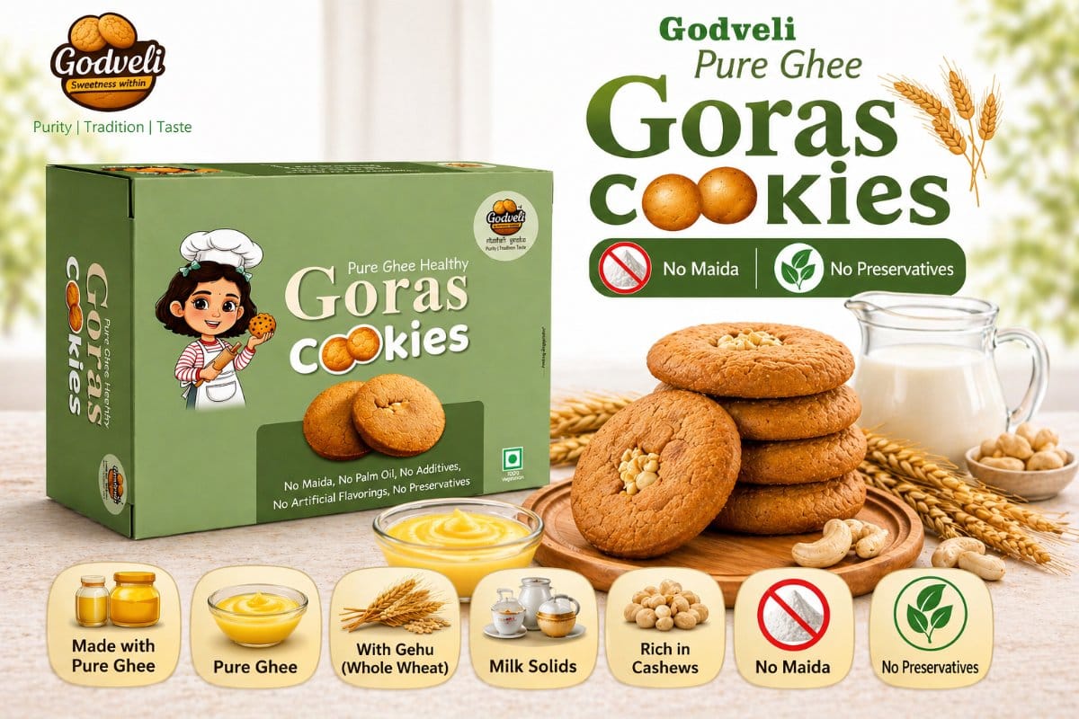 Godveli Pure Ghee Goras Cookies (200g) | Made with Whole Wheat & Cashews | Healthy Tea-Time Snack