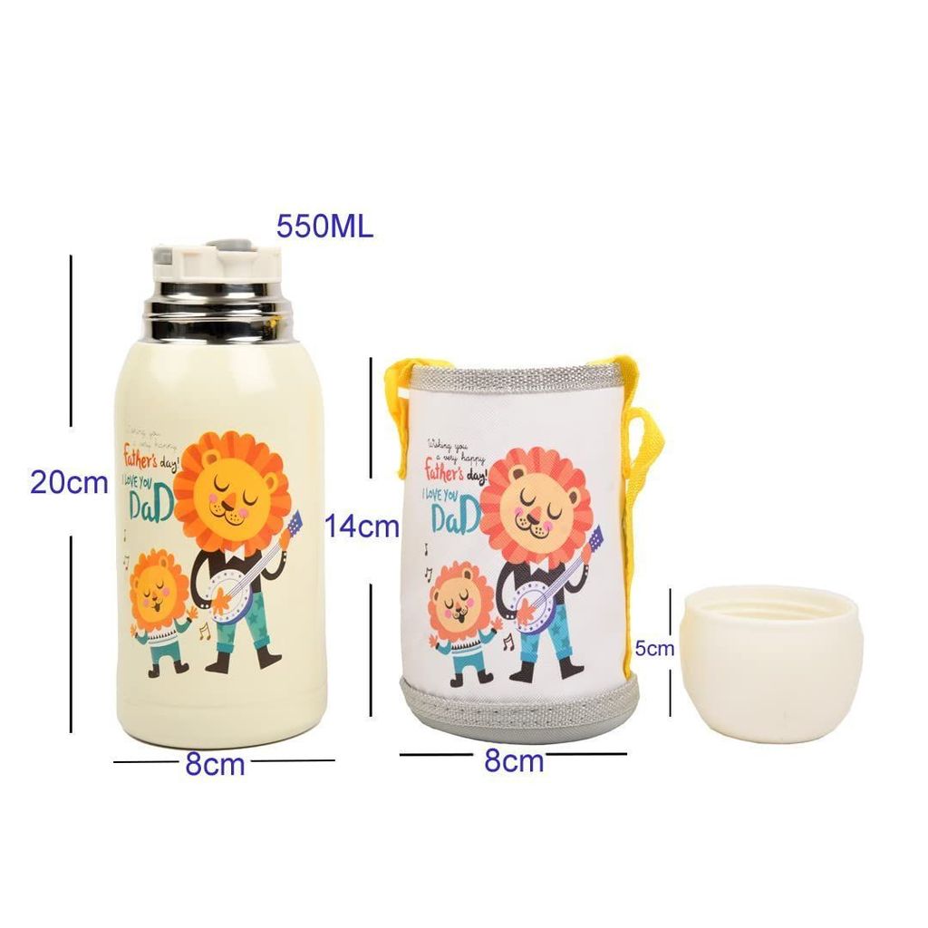 Femora Kids Lion Design Hot & Cold Thermosteel Water Bottle for Kids Double Walled Vacuum Insulated Stainless Steel Bottles with Bag (550 Ml) (Cream)