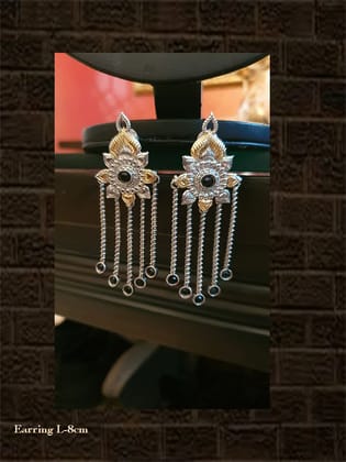Dual tone long black stone earring