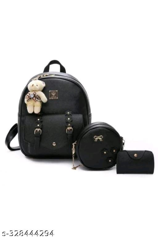 Black PU Leather Backpack with Round Sling Bag and Bowknot Coin Purse