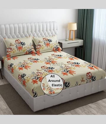 YKNIP Cotton Floral Printed Fitted 1 Bedsheet with 2 Pillow Covers ( King Size ) - Cream