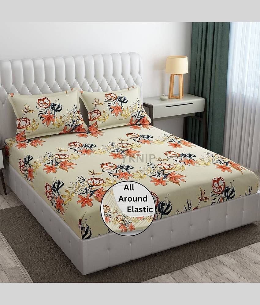 YKNIP Cotton Floral Printed Fitted 1 Bedsheet with 2 Pillow Covers ( King Size ) - Cream