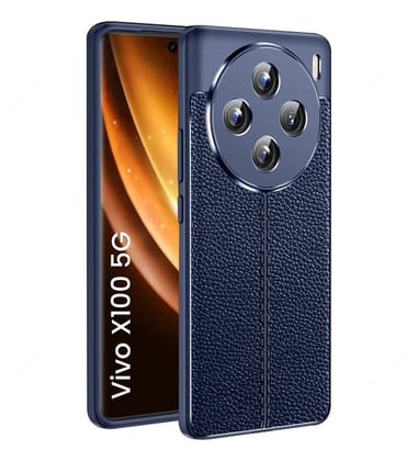 Vegan Leather Rugged Flexible TPU Series Shockproof Armor Back Cover for Vivo X100 5G, 6.78 inch, Blue