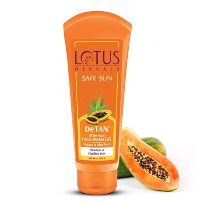 Lotus Herbals Safe Sun Detan After-Sun Face Wash Gel, 100gm | Papaya & Aloe Vera | Cleanses & Clarifies Skin