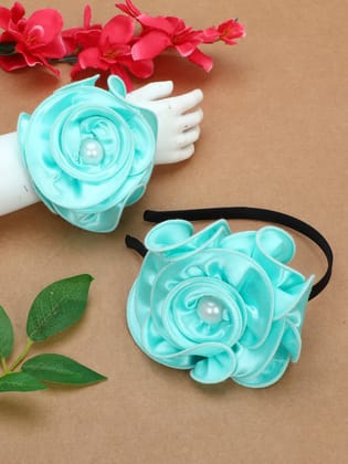Satin Flower Bracelet & Hairband Set- Aqua-one Size / Aqua