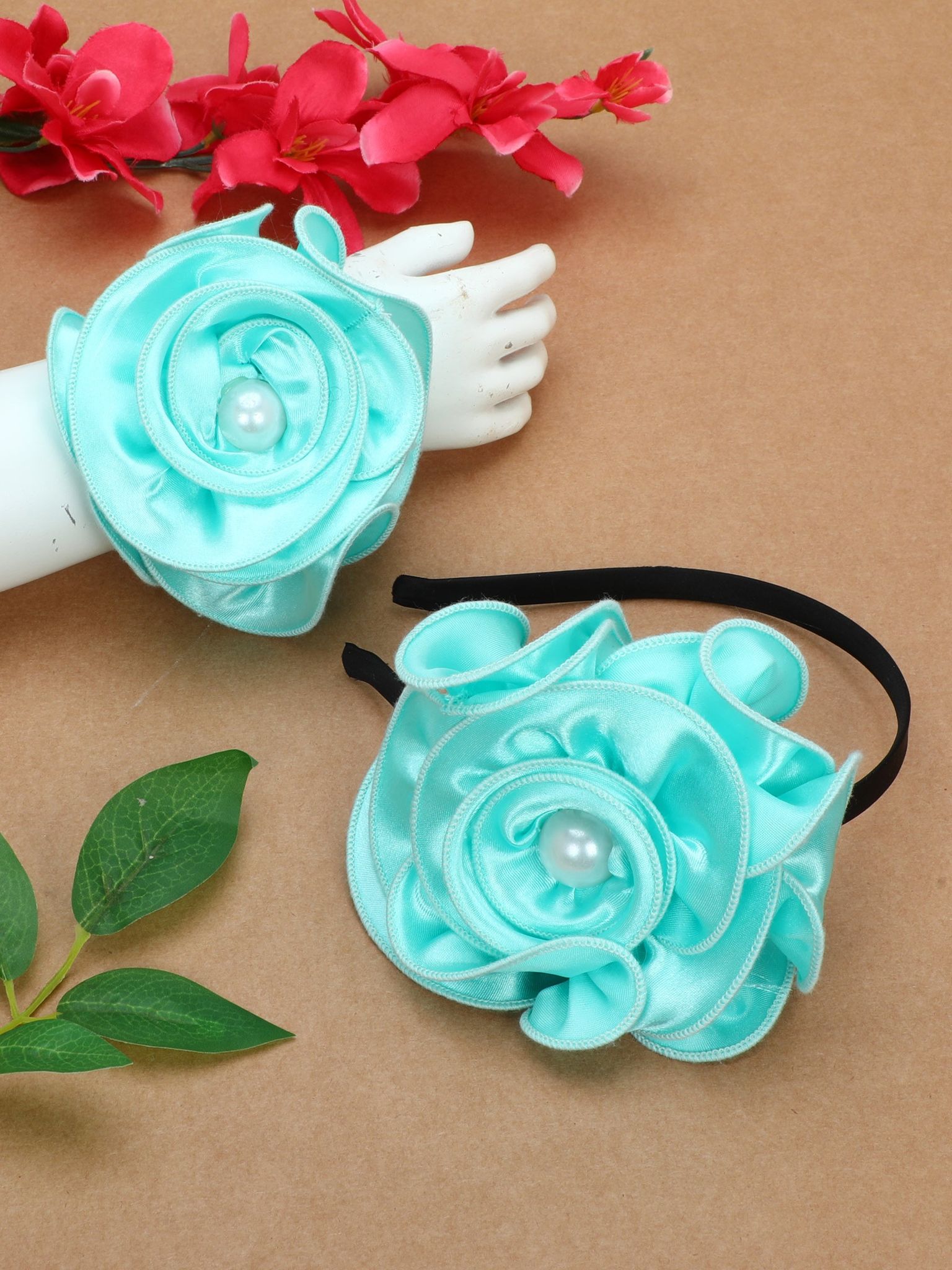 Satin Flower Bracelet & Hairband Set- Aqua-one Size / Aqua