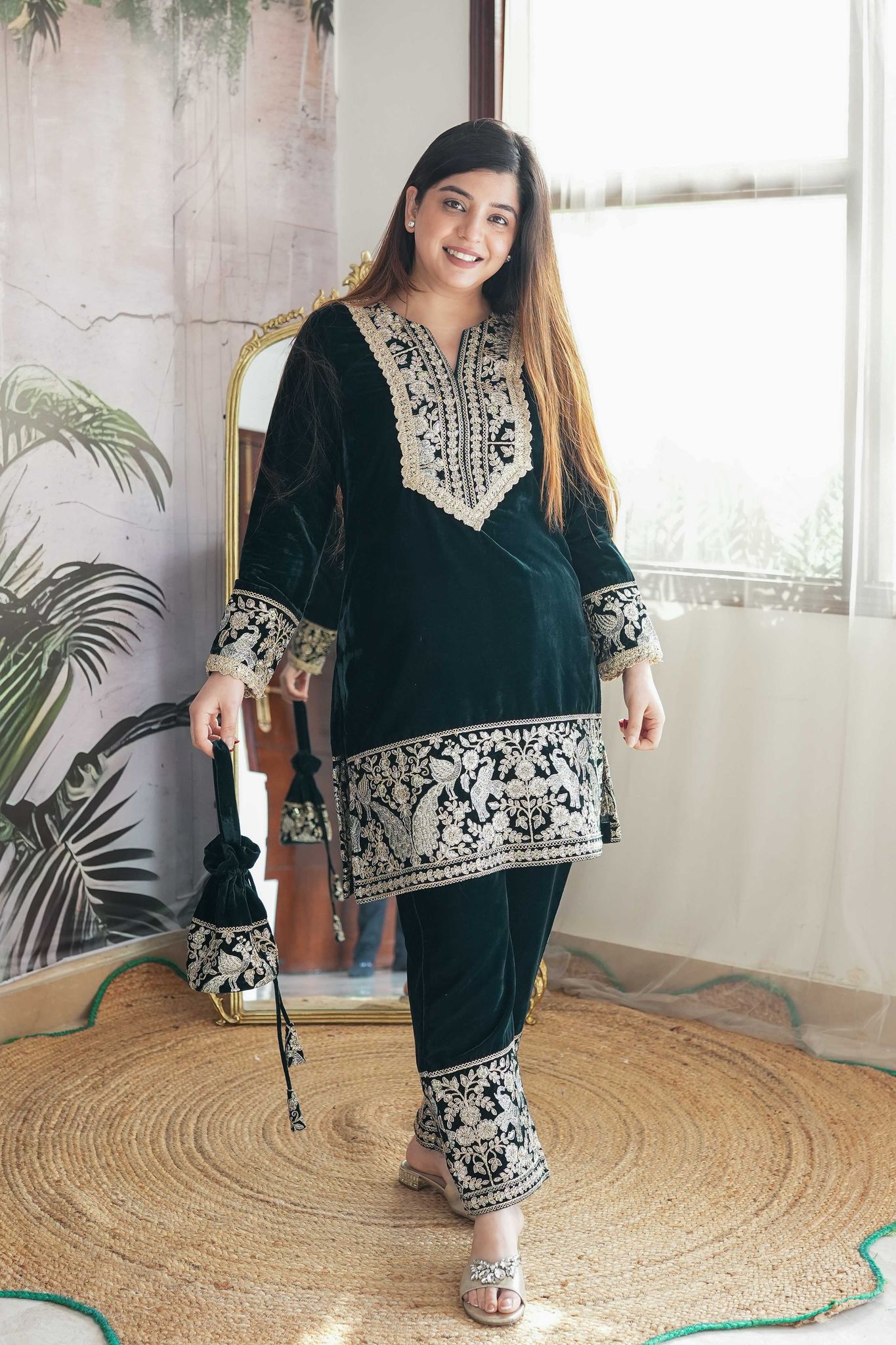 Inaya Green Velvet Cord Set With Potli-S-M