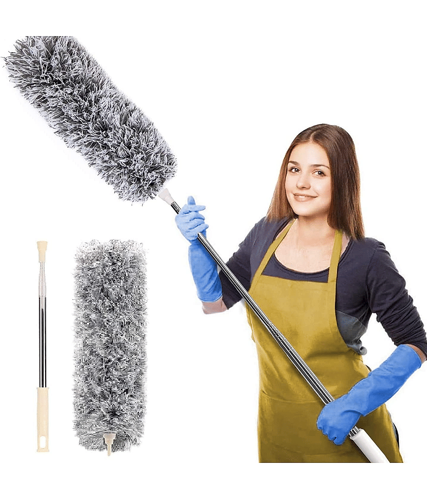 Microfiber Long Feather Duster- Bendable & Detachable Fan Cleaning Duster with 100 inches Expandable Pole Handle, Washable, Stainless Steel Handle for Ceiling, Wall, Window Blinds, Furniture
