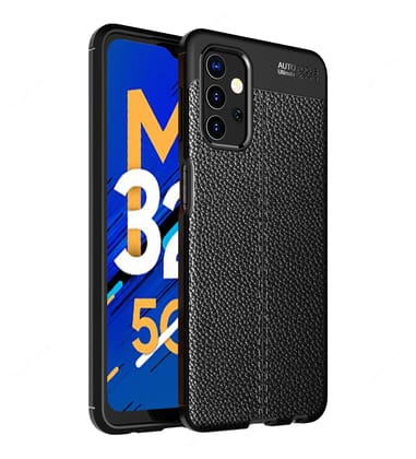 Vegan Leather Rugged Flexible TPU Series Shockproof Armor Back Cover for Samsung Galaxy M32 5G, 6.5 inch, Black