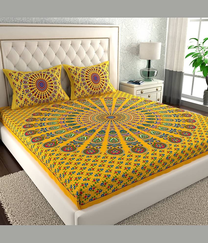 ABHACLOTHO Cotton 1 Double Bedsheet with 2 Pillow Covers ( Yellow )