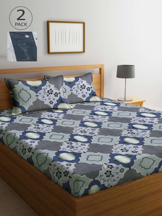 Pack of 2 Grey & Blue Graphic 300 TC 2 King Bedsheet with 4 Pillow Covers