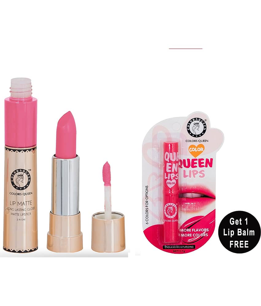 Colors Queen 2 in1 Matte Finish Water Proof Lipstick Collage Girl With Hydrating Lip Balm Combo of 2